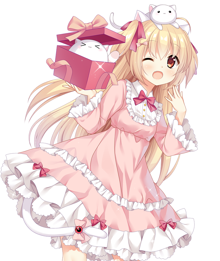 1girl ;d animal animal_on_head blonde_hair blush bow box brown_eyes cat cat_tail dress frilled_dress frills hair_bow hand_up long_hair looking_at_viewer on_head one_eye_closed open_mouth original pink_bow pink_dress smile standing tail verjuice