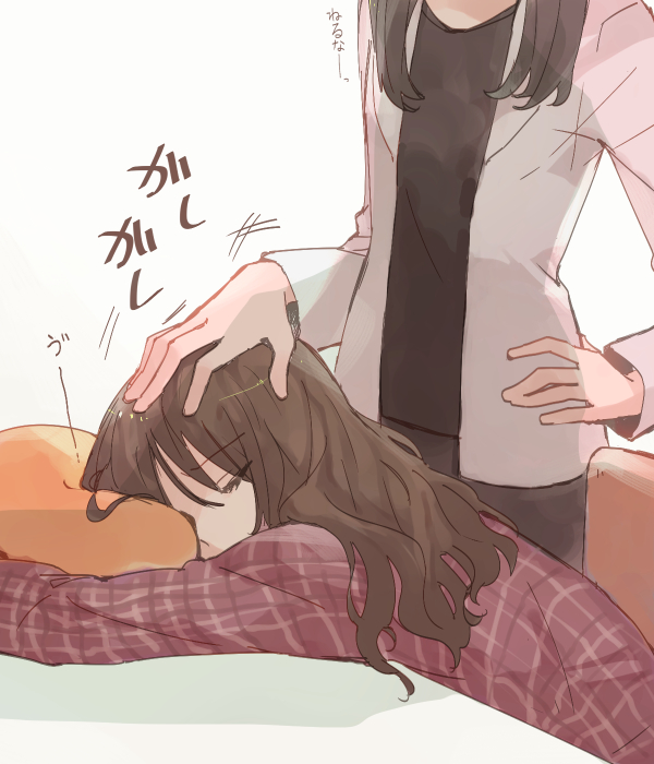 2girls brown_hair closed_eyes hand_on_hip head_out_of_frame long_hair long_sleeves looking_at_another multiple_girls open_clothes original petting pillow plaid plaid_skirt shadow skirt sleeping sou_(tuhut) translation_request yuri
