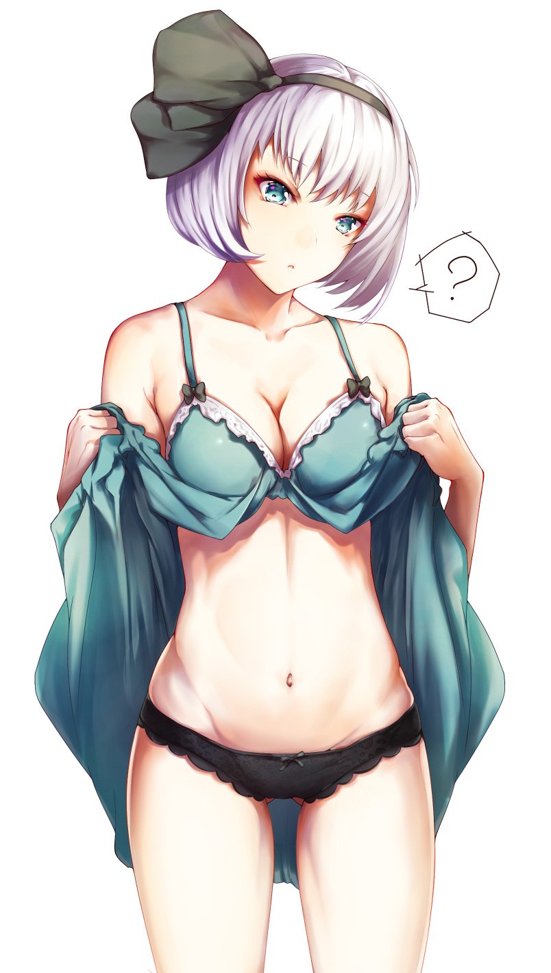 1girl :o ? bangs bare_arms bare_shoulders black_bow black_panties black_ribbon blush bow bow_panties breasts cleavage clothes_lift collarbone commentary_request cowboy_shot eyebrows_visible_through_hair gluteal_fold green_eyes groin hair_ribbon hands_up head_tilt highres konpaku_youmu legs_apart lifted_by_self looking_down mayonaka_taruho medium_breasts midriff navel open_mouth panties ribbon short_hair silver_hair simple_background solo spoken_question_mark standing stomach touhou underwear white_background