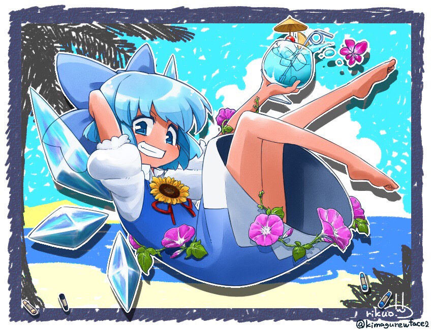 1girl arm_behind_head arm_up bangs bare_arms bare_legs barefoot beach blue_bow blue_dress blue_eyes blue_hair blue_hawaii blue_sky bow cirno clouds cocktail_umbrella collared_shirt cup day detached_wings dress drink drinking_straw facing_away fairy flat_chest flower full_body grin hair_bow holding holding_cup ice ice_cube ice_wings leaf morning_glory outline outstretched_arm palm_tree pink_flower puffy_short_sleeves puffy_sleeves red_ribbon ribbon rikuo_(whace) shirt short_hair short_sleeves sky smile solo sunflower tan tanned_cirno teeth touhou tree tropical_drink undershirt white_outline white_shirt wings yellow_flower