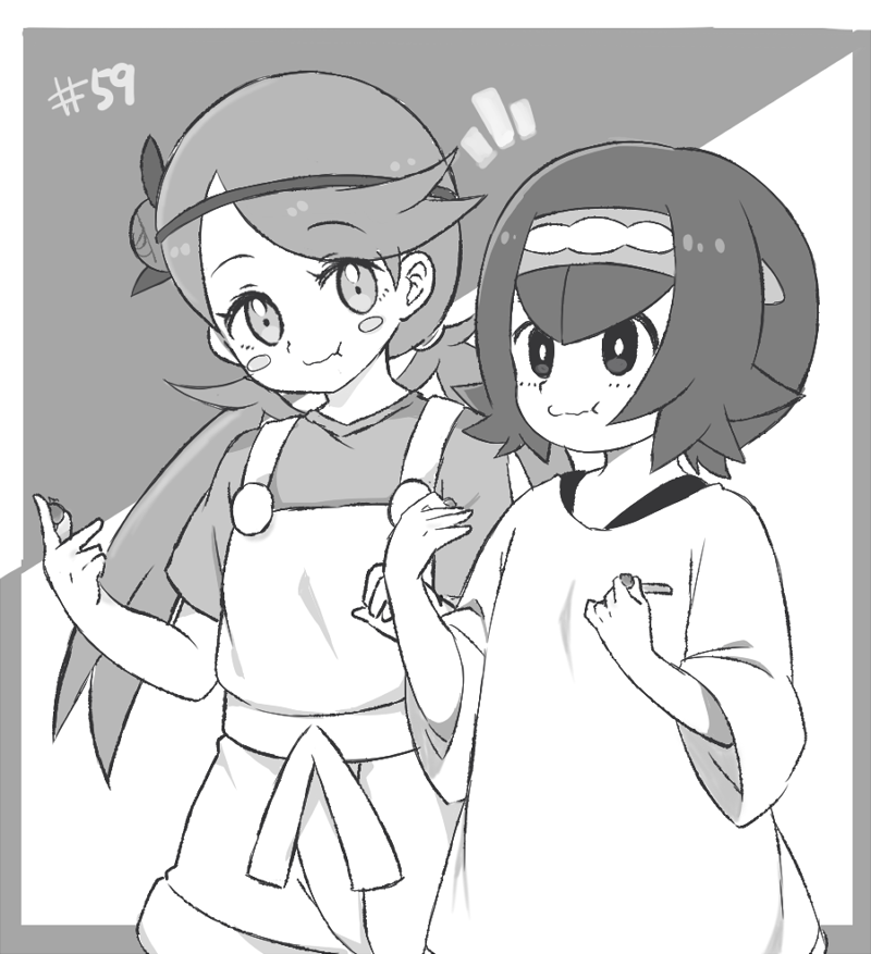 2girls blush_stickers cu-sith eating flower greyscale hair_flower hair_ornament hairband long_hair mallow_(pokemon) monochrome multiple_girls overalls oversized_clothes oversized_shirt pokemon pokemon_(anime) pokemon_sm_(anime) shirt short_hair short_sleeves suiren_(pokemon) trial_captain twintails younger