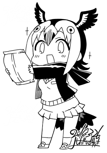 atlantic_puffin_(kemono_friends) blush bow breast_pocket chips eyebrows_visible_through_hair food greyscale holding_object jacket kemono_friends kneehighs lowres monochrome multicolored_hair open_mouth pleated_skirt pocket scarf signature skirt star sweater_vest yoshida_hideyuki
