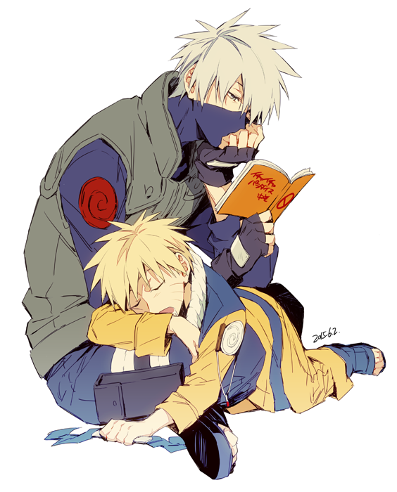 2boys age_difference blonde_hair book commentary_request dated face_mask fingerless_gloves flak_jacket gloves hair_over_one_eye hatake_kakashi head_on_hand lap_pillow long_sleeves mask multiple_boys multiple_girls naruto open_mouth open_toe_shoes orange_pants orange_shirt reading shirt short_hair silver_hair sitting sleeping spiky_hair uzumaki_naruto whiskers white_background xia_(ryugo)