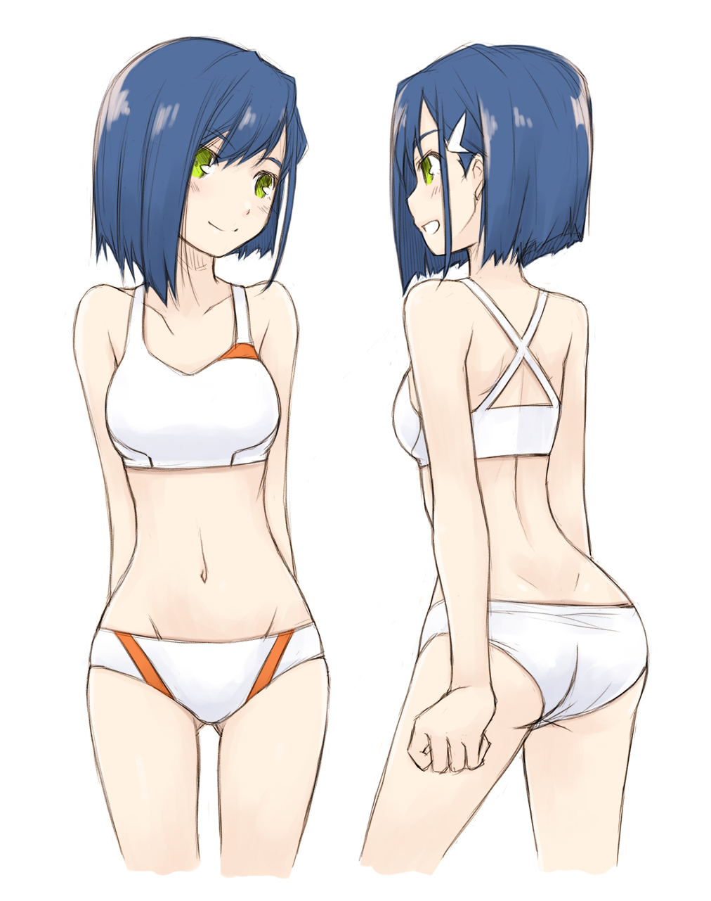 1girl blue_hair blush commentary_request darling_in_the_franxx eyebrows_visible_through_hair facing_viewer from_behind green_eyes hair_ornament hairclip highres ichigo_(darling_in_the_franxx) looking_away midriff multiple_views navel no_shirt open_mouth panties short_hair simelu smile sports_bra standing stomach underwear white_background white_panties