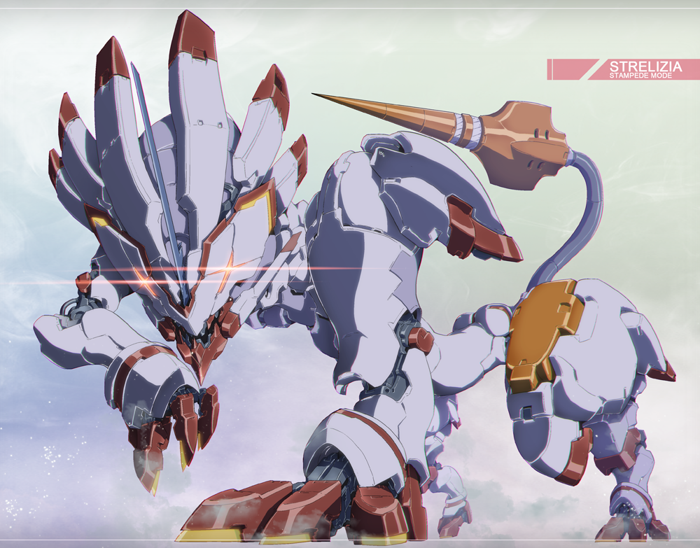 character_name claws darling_in_the_franxx fog glowing glowing_eyes horn lion looking_at_viewer mecha nandz no_humans polearm solo sparks strelizia tail weapon