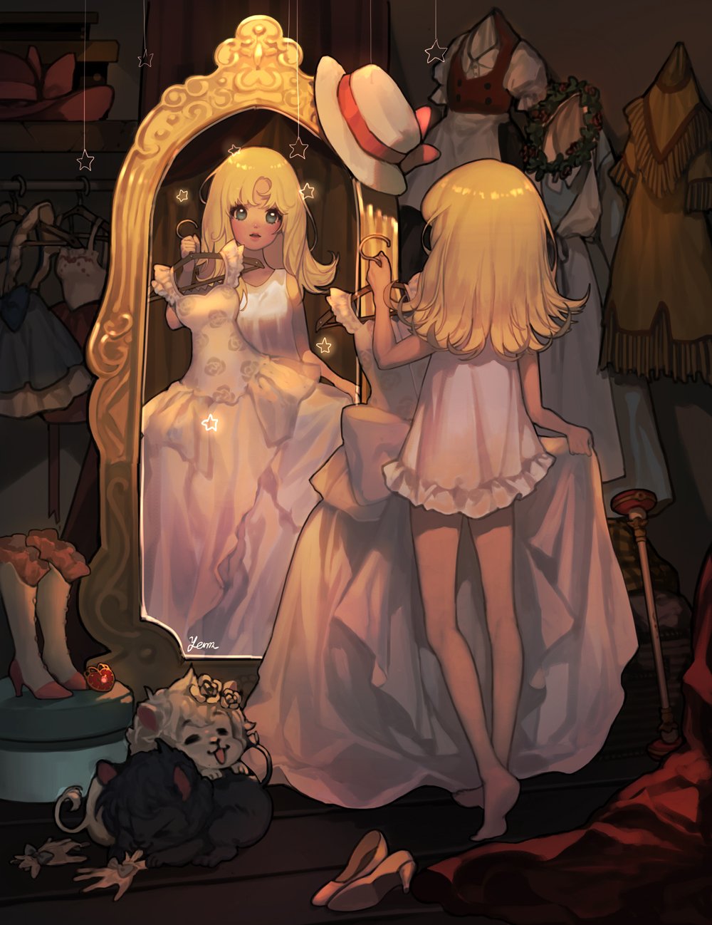 1girl ashita_no_nadja blonde_hair blue_eyes boots bow chemise child clothes_hanger costume dress hat highres knee_boots lion long_hair mirror nadja_applefield yerm