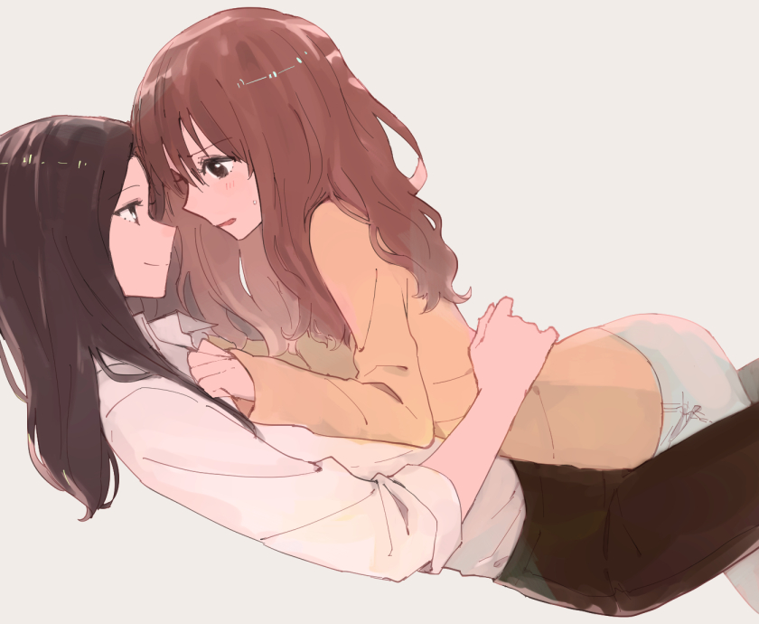 2girls blush brown_hair face-to-face from_side hug long_sleeves looking_at_another multiple_girls open_mouth orange_shirt original shirt sleeves_rolled_up sou_(tuhut) sweat tan_background white_shirt yuri