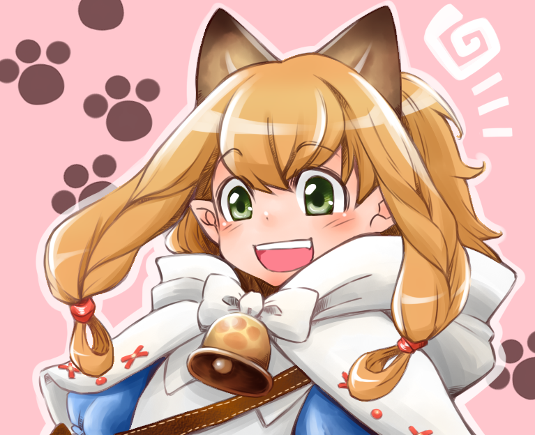 1girl :d animal_ears bangs bell blonde_hair blush braid capelet cat_ears extra_ears eyebrows eyebrows_visible_through_hair fang green_eyes hair_between_eyes hair_rings hair_tie hood hood_down hooded_capelet long_hair meowstress monster_hunter monster_hunter_x open_mouth paw_print pink_background pointy_ears rikuo_(whace) smile solo strap teeth twin_braids upper_body white_capelet