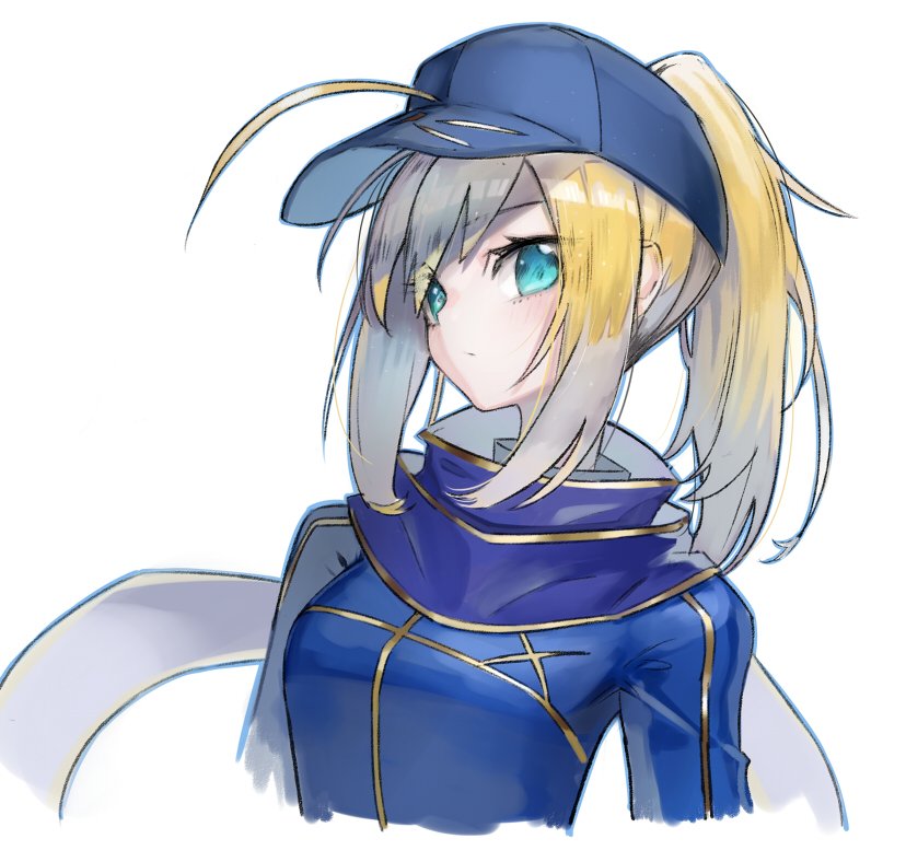 1girl ahoge artoria_pendragon_(all) baseball_cap blonde_hair blue_eyes cropped_arms cropped_torso eyebrows_visible_through_hair fate/grand_order fate_(series) hat mins_(minevi) mysterious_heroine_x ponytail sketch solo white_background