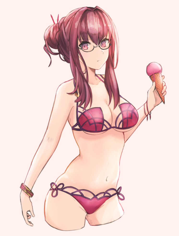 1girl alternate_hairstyle bespectacled bikini bracelet breasts expressionless fate/grand_order fate_(series) flower food gae_bolg glasses hair_flower hair_ornament ice_cream jewelry large_breasts leatzche looking_at_viewer navel pink_bikini purple_bikini purple_hair red_eyes scathach_(fate/grand_order) scathach_(swimsuit_assassin)_(fate) simple_background swimsuit