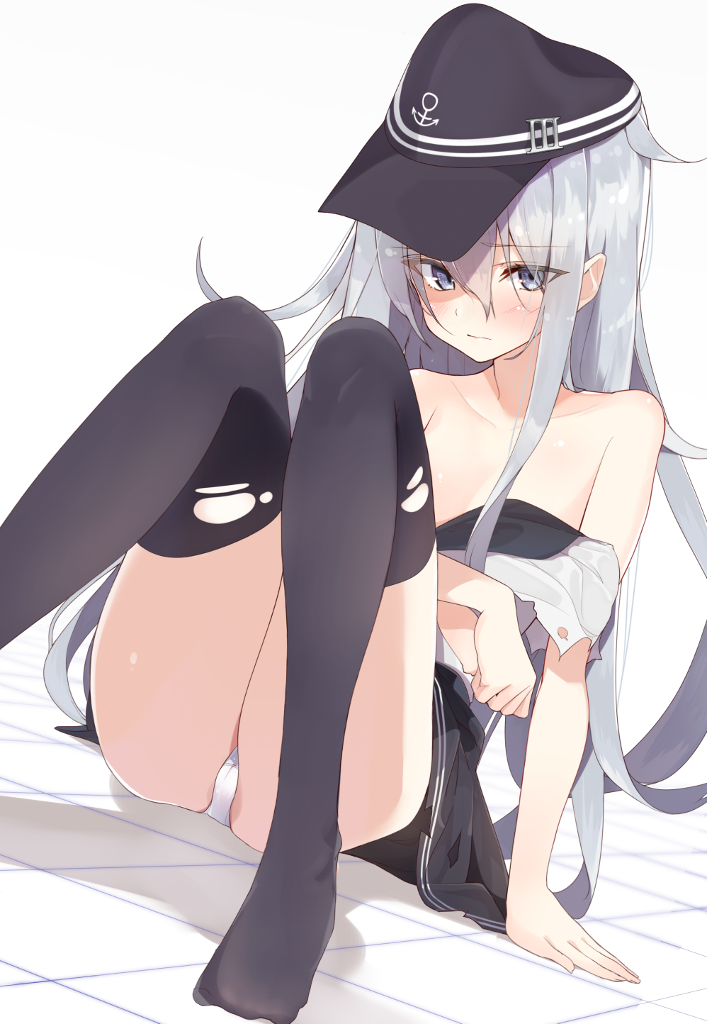 1girl anchor_symbol bangs black_hat black_legwear black_skirt blue_eyes blush closed_mouth collarbone commentary_request convenient_leg eyebrows_visible_through_hair flat_cap grey_background hair_between_eyes hat hibiki_(kantai_collection) highres kantai_collection long_hair looking_at_viewer no_shoes panties school_uniform serafuku shirousa shirt silver_hair sitting skirt solo thigh-highs torn_clothes torn_shirt torn_skirt torn_thighhighs underwear very_long_hair white_panties white_shirt