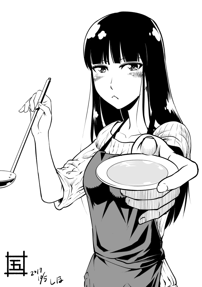 1girl apron artist_name bangs blunt_bangs blush casual character_name closed_mouth commentary dated dish foreshortening frown girls_und_panzer goshaku_tama greyscale holding ladle long_hair looking_at_viewer mature monochrome nishizumi_shiho ribbed_shirt sauce shirt short_sleeves signature solo standing upper_body
