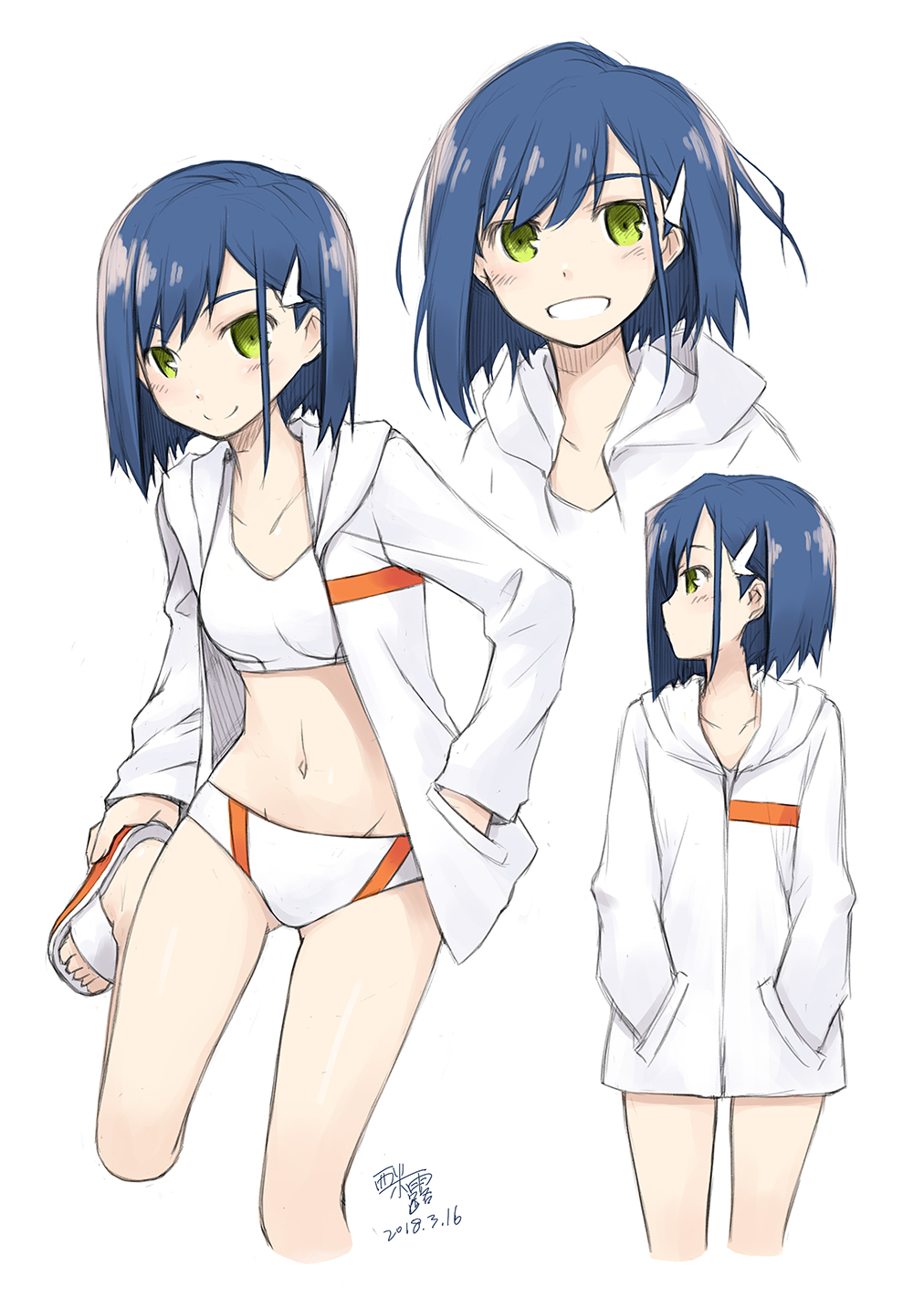blue_hair blush commentary_request darling_in_the_franxx dated green_eyes hair_ornament hairclip highres hood hoodie ichigo_(darling_in_the_franxx) looking_at_viewer looking_to_the_side midriff multiple_views navel open_mouth panties sandals short_hair signature simelu smile sports_bra stomach underwear white_background white_hoodie white_panties