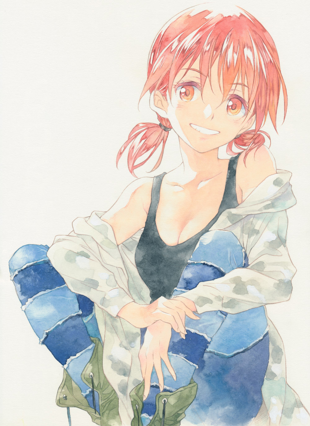 1girl agahari black_tank_top blue_legwear boots breasts cleavage colored_pencil_(medium) commentary_request green_footwear grey_background grey_hoodie grin highres hood hoodie low_twintails off_shoulder original red_eyes redhead smile solo striped striped_legwear tank_top traditional_media twintails white_hoodie