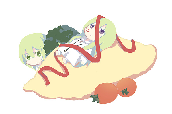 1boy androgynous anger_vein chibi enkidu_(fate/strange_fake) fate/grand_order fate/strange_fake fate_(series) food green_eyes green_hair hair_between_eyes ketchup kingu_(fate) lettuce long_hair looking_up omurice peeking_out robe simple_background tomato toruglose tsurime violet_eyes white_background white_robe