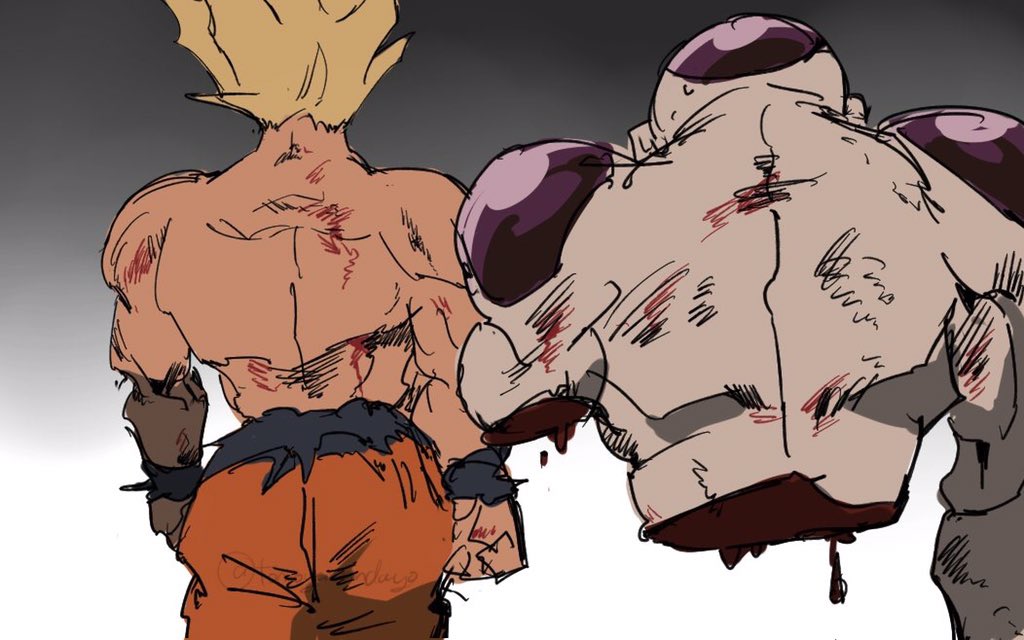 2boys back_turned blonde_hair blood commentary_request dragon_ball dragonball_z flying frieza grey_background imamuu_(imamoon) injury male_focus multiple_boys out_of_frame shirtless short_hair simple_background son_gokuu spiky_hair standing super_saiyan twitter_username two-tone_background white_background wristband