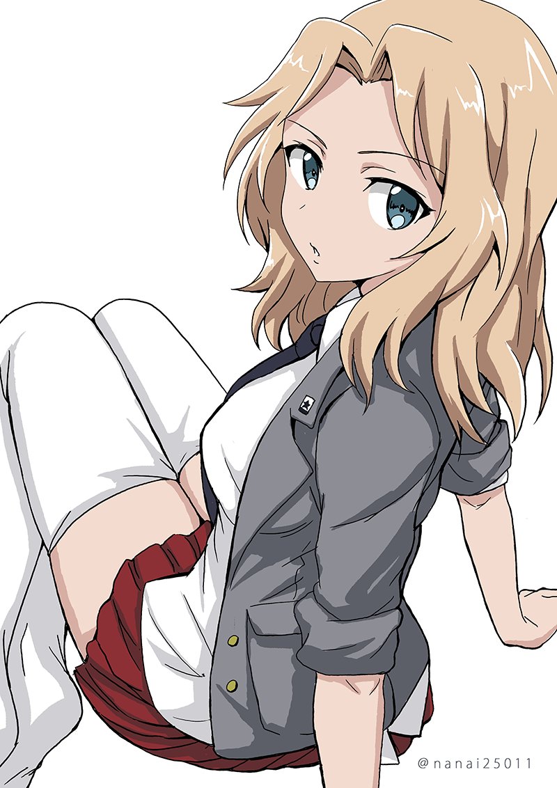 1girl arm_support black_neckwear blazer blonde_hair blouse blue_eyes collared_blouse commentary emblem eyebrows_visible_through_hair from_behind girls_und_panzer grey_jacket hair_intakes invisible_chair jacket kay_(girls_und_panzer) leaning_back long_hair long_sleeves looking_at_viewer looking_back miniskirt necktie open_clothes open_jacket parted_lips pleated_skirt red_skirt saunders_(emblem) saunders_school_uniform school_uniform shibagami simple_background sitting skindentation skirt sleeves_rolled_up solo thigh-highs twitter_username white_background white_blouse white_legwear