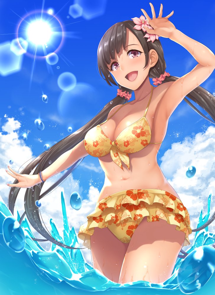 1girl armpits black_hair breasts cleavage clouds cloudy_sky commentary_request floral_print flower hair_flower hair_ornament lens_flare long_hair low_twintails medium_breasts navel ocean open_mouth original scrunchie sky solo splashing sun sunlight tachibana_omina twintails wading