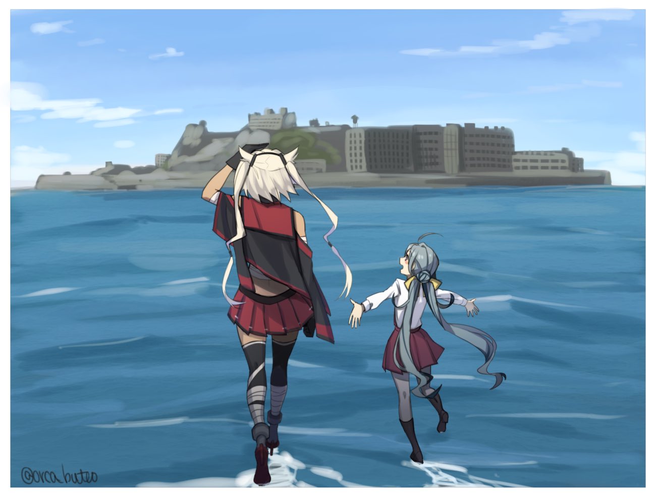 2girls ahoge bandage black_gloves black_legwear blue_sky boots building capelet commentary_request dark_skin from_behind full_body gloves grey_hair grey_legwear hairband halterneck island kantai_collection kiyoshimo_(kantai_collection) low_twintails multiple_girls musashi_(kantai_collection) outdoors pantyhose pleated_skirt pointy_hair red_skirt scenery school_uniform shirt skirt sky thigh-highs twintails twitter_username two_side_up walking walking_on_liquid water white_hair white_shirt yamashiki_(orca_buteo)