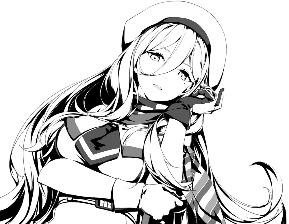 1girl arm_across_chest bangs belt beret breasts dress eyebrows_visible_through_hair framed_breasts gloves greyscale hair_between_eyes hand_on_own_elbow hat head_tilt kantai_collection large_breasts long_hair looking_at_viewer mole mole_under_eye mole_under_mouth monochrome open_mouth pom_pom_(clothes) richelieu_(kantai_collection) rokuwata_tomoe scarf sidelocks simple_background smile solo strapless strapless_dress white_background