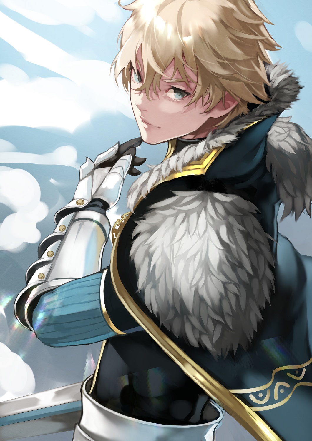 1boy 55level armor blonde_hair cape fate/prototype fate_(series) gauntlets grey_eyes highres looking_at_viewer looking_back male_focus saber_(fate/prototype) solo