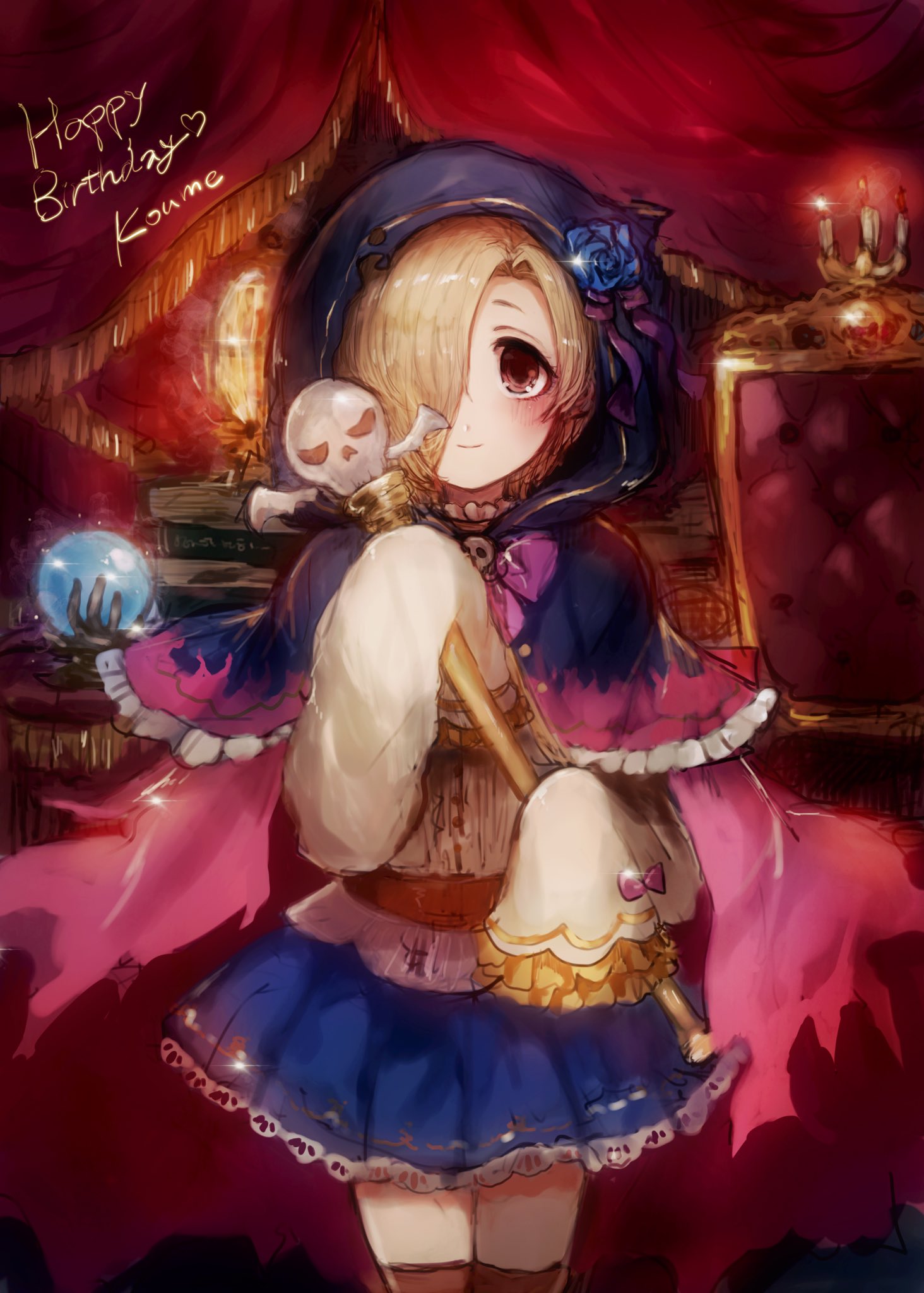 1girl blonde_hair blouse blue_flower blue_rose blush brown_eyes candlestand chair character_name cloak commentary_request cowboy_shot crystal_ball curtains flower flower_ornament frills fringe granblue_fantasy hair_over_one_eye happy_birthday highres hood hooded_cloak idolmaster idolmaster_cinderella_girls kuromitsu_maria long_sleeves looking_at_viewer rose scepter shirasaka_koume short_hair skirt skull sleeves_past_fingers sleeves_past_wrists smile solo thigh-highs