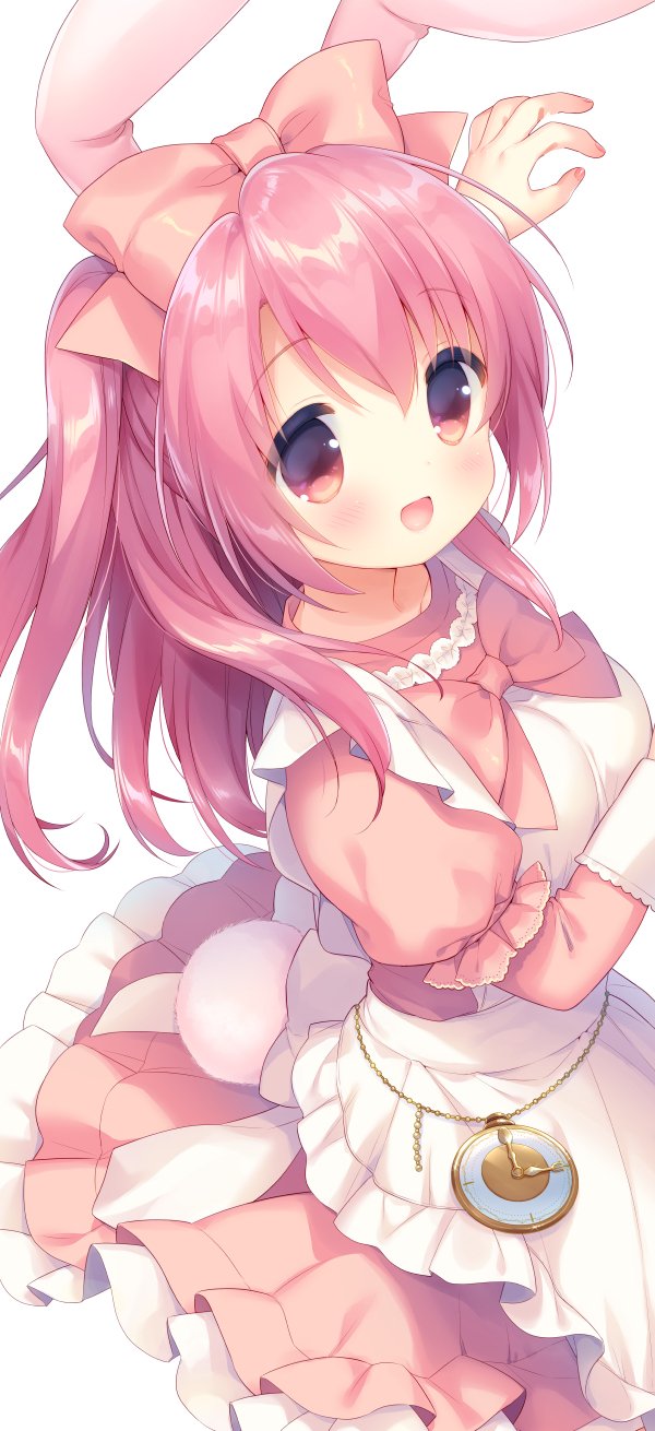 1girl :d animal_ears apron bangs blush bow brown_bow bunny_girl bunny_tail dress eyebrows_visible_through_hair frilled_apron frills hair_between_eyes hair_bow highres long_sleeves nail_polish open_mouth original pink_bow pink_dress pink_hair pink_nails pleated_dress pocket_watch puffy_short_sleeves puffy_sleeves rabbit_ears red_eyes sakura_(usashiro_mani) short_over_long_sleeves short_sleeves simple_background smile solo tail usashiro_mani watch white_apron white_background