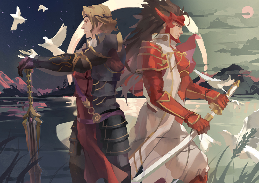 2boys armor breastplate fire_emblem fire_emblem_if gauntlets gloves helm helmet holding holding_sword holding_weapon katana long_hair marks_(fire_emblem_if) multiple_boys pauldrons ryouma_(fire_emblem_if) spiky_hair sword weapon