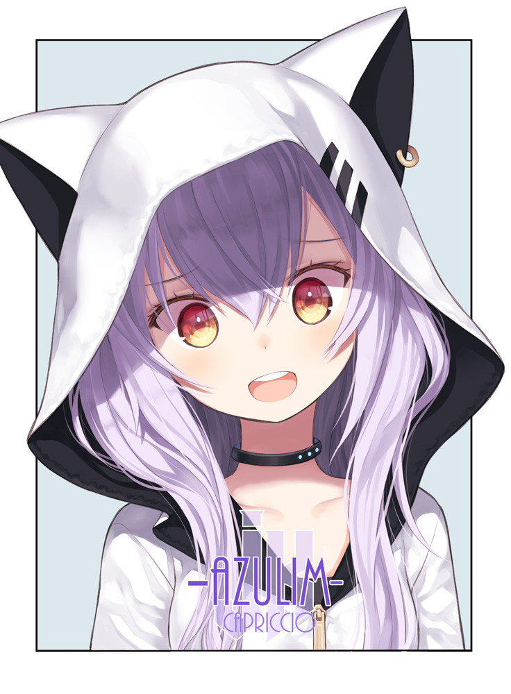 1girl :d animal_hood artist_name azuma_lim azuma_lim_channel capriccio character_name collar collarbone eyebrows_visible_through_hair hair_between_eyes head_tilt hood hoodie lavender_hair long_hair looking_at_viewer multicolored multicolored_eyes open_mouth red_eyes smile solo yellow_eyes