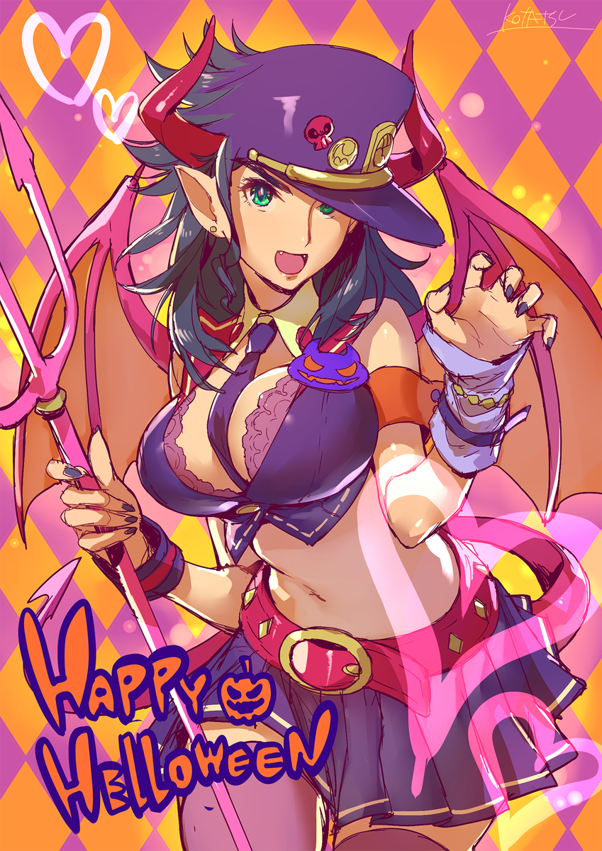 1girl :d argyle argyle_background arm_warmers belt between_breasts black_nails blue_skirt breasts bright_pupils claw_pose cowboy_shot demon_horns demon_tail demon_wings detached_collar english genderswap green_eyes halloween halloween_costume happy_halloween hat hat_pin highres holding holding_weapon horns jojo_no_kimyou_na_bouken kotatsu_(g-rough) kuujou_joutarou large_breasts looking_at_viewer multicolored multicolored_background nail_polish navel necktie necktie_between_breasts open_mouth peaked_cap pleated_skirt polearm purple_hat purple_legwear purple_neckwear skirt smile solo standing stardust_crusaders tail thigh-highs trident two-tone_background weapon wing_collar wings
