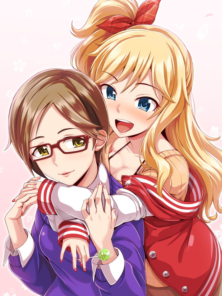 2girls aikawa_chinatsu blonde_hair blue_eyes blush breasts brown_hair candy cleavage commentary_request dan_(orange_train) eyebrows_visible_through_hair food glasses hug hug_from_behind idolmaster idolmaster_cinderella_girls jacket lollipop long_hair multiple_girls ootsuki_yui open_mouth red-framed_eyewear short_hair side_ponytail smile sweater wavy_hair