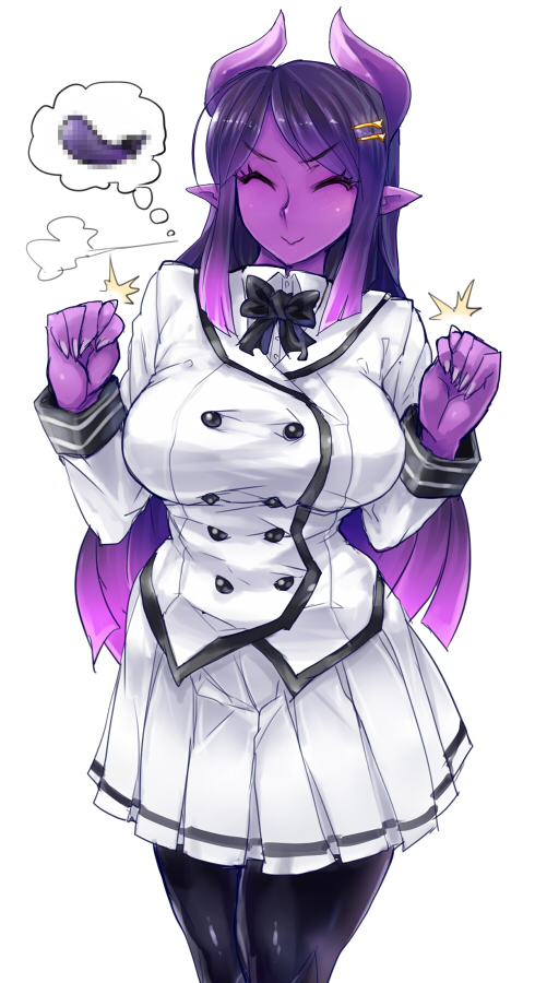 /\/\/\ :&gt; ^_^ black_legwear black_neckwear blush bow bowtie breasts censored closed_eyes closed_mouth collared_shirt cowboy_shot eggplant evil_smile eyebrows_visible_through_hair gradient_hair hair_ornament hairclip hands_up jacket large_breasts long_sleeves mosaic_censoring multicolored_hair nail_polish oni oni_horns original pantyhose pleated_skirt pointy_ears purple_hair purple_skin shirt simple_background skirt skj smile standing thought_bubble white_background white_jacket white_nails white_shirt white_skirt wing_collar