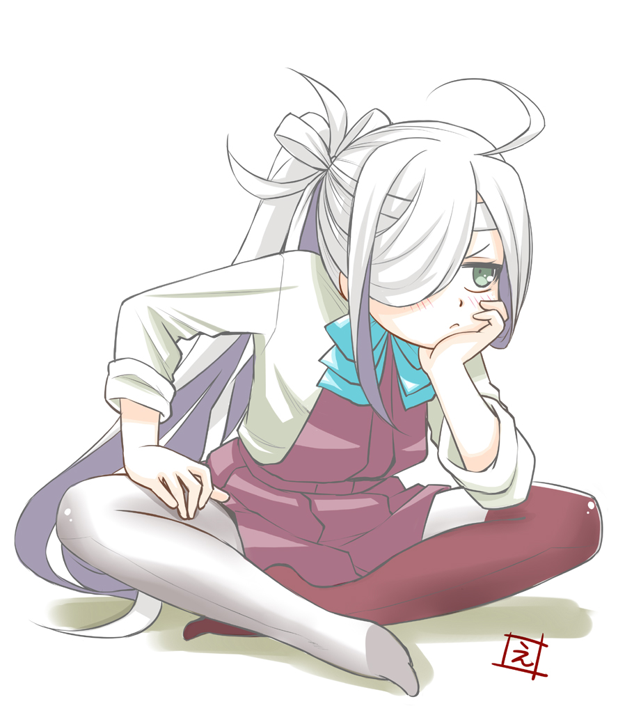 1girl ahoge asashimo_(kantai_collection) blush commentary_request ebifly frown full_body grey_eyes grey_jacket hair_over_one_eye headband indian_style jacket kantai_collection long_hair long_sleeves no_shoes one_eye_covered pantyhose purple_skirt purple_vest signature sitting skirt solo very_long_hair vest white_hair