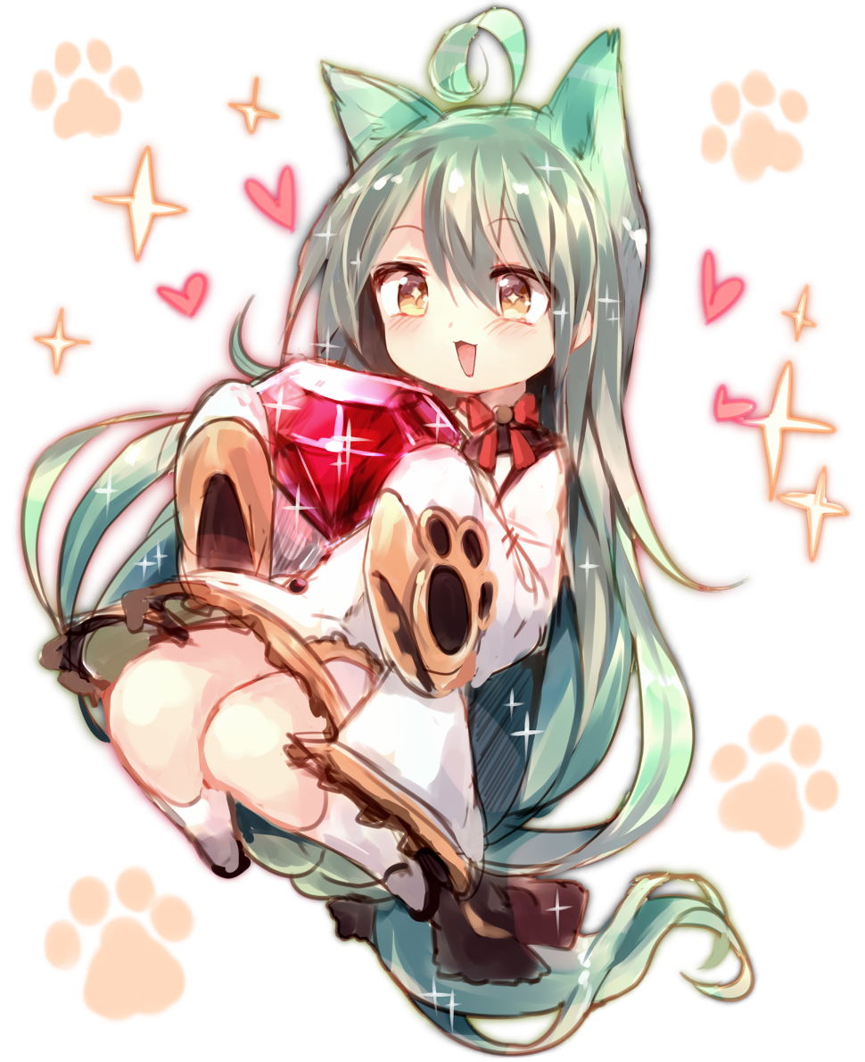 +_+ 1girl :3 :d ahoge akashi_(azur_lane) animal_ears azur_lane bangs blush blush_stickers cat_ears cat_paw commentary_request eyebrows_visible_through_hair full_body gem green_eyes green_hair heart holding kneehighs long_hair long_sleeves open_mouth paw_print ribbon sleeves_past_fingers smile sparkle sparkling_eyes sukemyon very_long_hair yellow_eyes