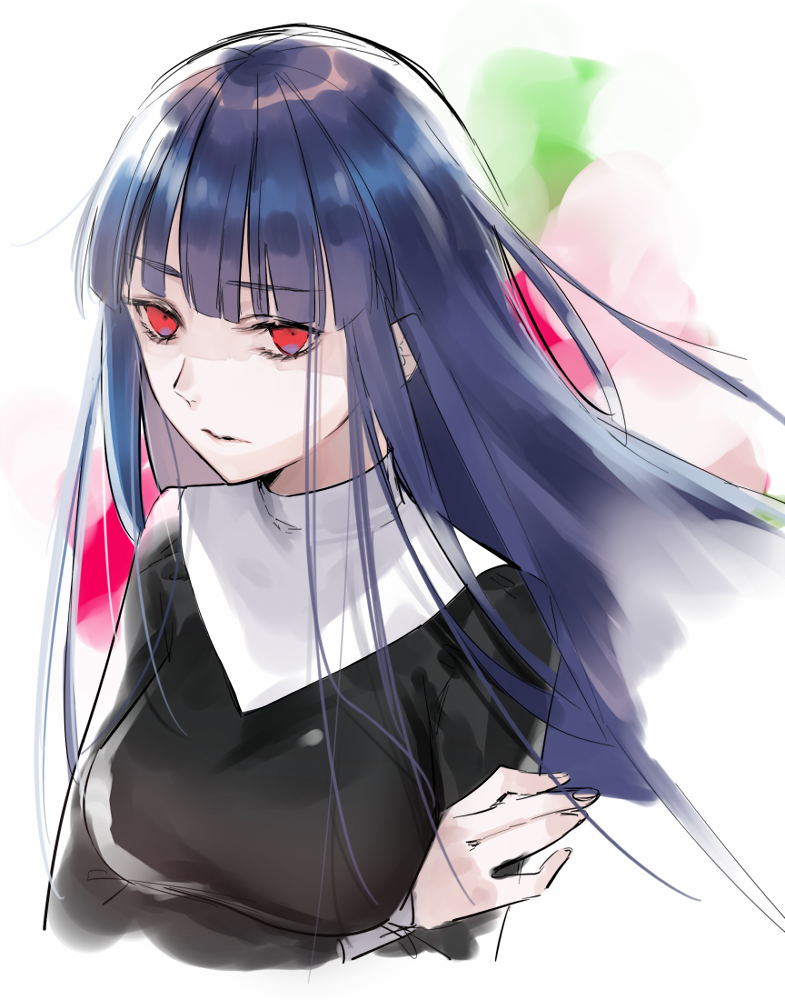 1girl black_dress blue_hair breasts character_request closed_mouth copyright_request crossed_arms dress eyebrows_visible_through_hair floating_hair habit ichinosenen large_breasts long_hair long_sleeves looking_at_viewer nun red_eyes solo upper_body