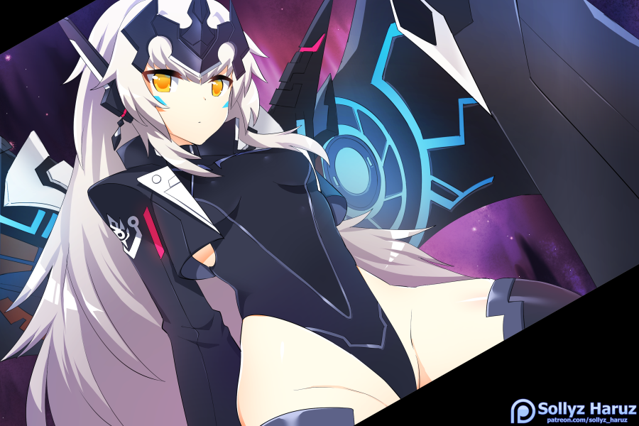 1girl artist_name aurora bangs black_jacket black_legwear black_leotard breasts character_request closed_mouth cropped_jacket dutch_angle elsword facial_mark from_below glowing groin head_tilt headpiece highleg highleg_leotard jacket leotard long_hair long_sleeves looking_at_viewer mechanical_wings night night_sky patreon_logo sidelocks sky small_breasts sollyz solo spread_legs straight_hair thigh-highs thighs very_long_hair watermark web_address white_hair wings yellow_eyes