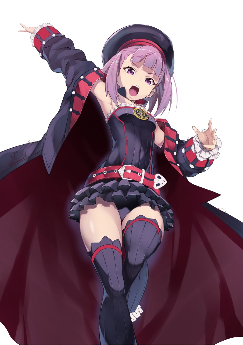 1girl arm_up armpits bangs black_hat black_legwear black_panties breasts commentary_request detached_collar dress fate/grand_order fate_(series) hat helena_blavatsky_(fate/grand_order) looking_at_viewer panties purple_hair short_hair simple_background small_breasts solo strapless strapless_dress takahan thigh-highs tree_of_life underwear violet_eyes white_background