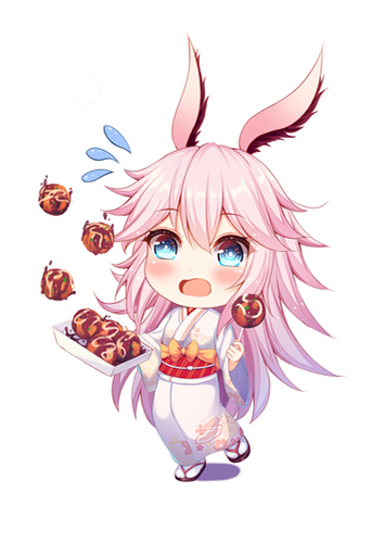 1girl animal_ears bangs benghuai_xueyuan black_footwear blue_eyes blush chibi eyebrows_visible_through_hair flying_sweatdrops food full_body hair_between_eyes holding holding_food japanese_clothes kimono long_hair long_sleeves lowres obi open_mouth pink_hair print_kimono qunqing rabbit_ears sash socks solo standing standing_on_one_leg tabi takoyaki very_long_hair white_background white_kimono white_legwear wide_sleeves yae_sakura_(benghuai_xueyuan) zouri