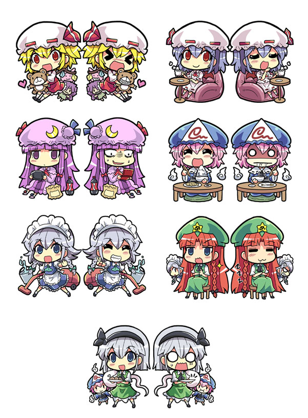 &gt;_&lt; 6+girls apron blank_eyes blonde_hair blue_eyes bucket chair chibi closed_eyes colonel_aki commentary_request doll doll_hug drooling easy_chair flandre_scarlet hairband handheld_game_console hat heart hong_meiling izayoi_sakuya konpaku_youmu konpaku_youmu_(ghost) lavender_hair maid maid_apron maid_headdress mob_cap multiple_girls nintendo_3ds open_mouth patch pink_hair plate playstation_vita purple_hair red_eyes redhead remilia_scarlet saigyouji_yuyuko shaded_face silver_hair sitting smile standing stool stuffed_animal stuffed_toy table touhou triangular_headpiece vacuum_cleaner violet_eyes