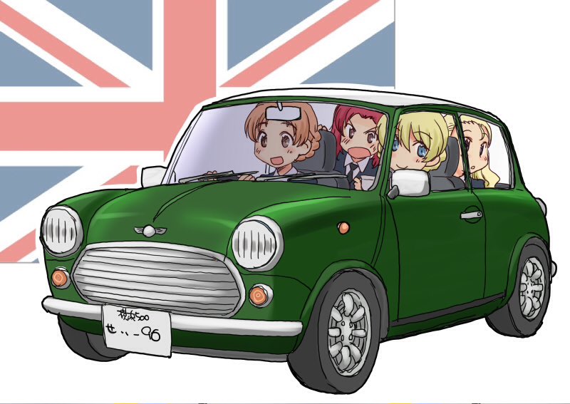 4girls assam bangs black_neckwear blonde_hair blue_eyes blue_sweater braid car closed_mouth darjeeling dress_shirt driving eyebrows_visible_through_hair flag_background frown girls_und_panzer ground_vehicle long_sleeves looking_at_another looking_at_viewer looking_to_the_side mini_cooper motor_vehicle multiple_girls necktie open_mouth orange_hair orange_pekoe parted_bangs parted_lips redhead riding rosehip shirt short_hair sitting smile st._gloriana's_school_uniform sweater tied_hair twin_braids union_jack uona_telepin v-neck v-shaped_eyebrows white_shirt wing_collar