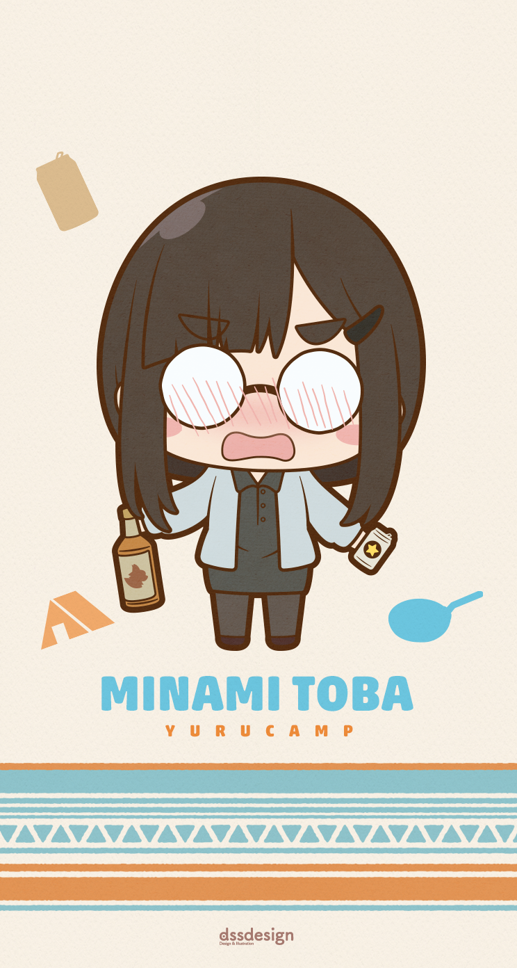 1girl artist_name beer_can beige_background black_dress black_legwear blush blush_stickers bottle brown_hair can cardigan character_name chibi collared_dress copyright_name daisensei dress drunk english eyebrows_visible_through_hair frying_pan glasses hair_ornament hairclip highres holding long_hair long_sleeves nose_blush open_cardigan open_clothes open_mouth pantyhose round_eyewear silhouette solo standing star star_print tent thick_eyebrows toba_minami wing_collar yurucamp