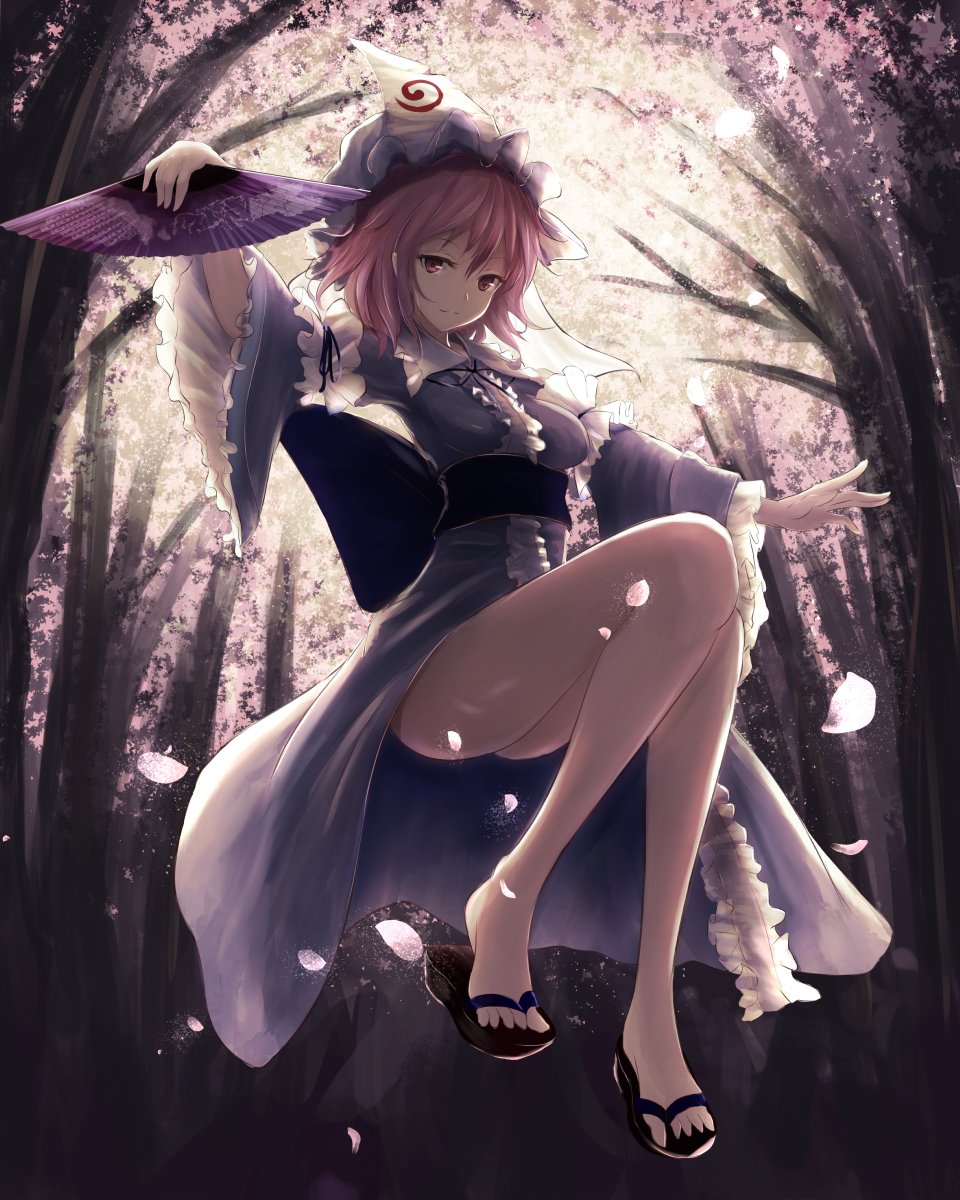 1girl bangs blue_kimono breasts cherry_blossoms fan floating folding_fan frilled_kimono frilled_sleeves frills hat highres japanese_clothes kimono long_sleeves looking_at_viewer medium_breasts mob_cap obi outdoors outstretched_arms petals pink_eyes pink_hair saigyouji_yuyuko sandals sash short_hair solo touhou tree triangular_headpiece upskirt wide_sleeves yukitourou