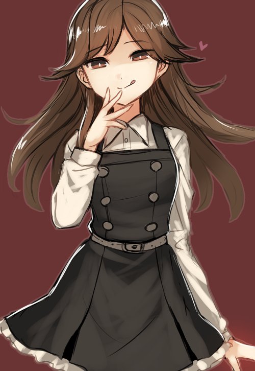 1girl arashio_(kantai_collection) black_dress breasts brown_background brown_eyes brown_hair buttons closed_mouth commentary_request dress eyebrows_visible_through_hair grey_belt heart kantai_collection long_sleeves looking_at_viewer medium_breasts pinafore_dress remodel_(kantai_collection) shirt simple_background solo tongue tongue_out upper_body utopia white_shirt