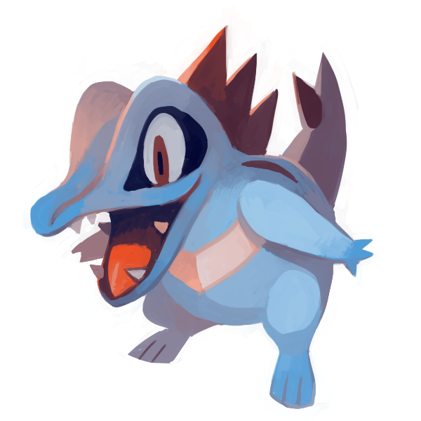 :d blue_skin brown_eyes creature full_body gen_2_pokemon glitchedpuppet no_humans open_mouth pokemon pokemon_(creature) sharp_teeth simple_background smile solo standing teeth tongue totodile white_background