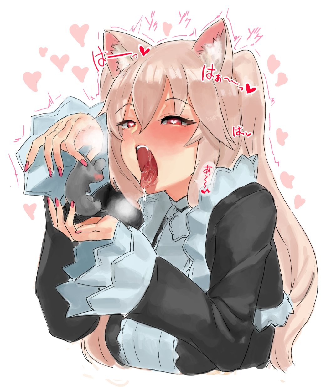 /\/\/\ 1girl animal_ears black_dress blonde_hair blush cat_ears commentary_request dress fingernails heart heart-shaped_pupils highres holding long_sleeves mouse nail_polish nora_cat nora_cat_channel open_mouth pink_nails red_eyes saliva solo suisogenshi symbol-shaped_pupils tongue tongue_out two_side_up virtual_youtuber