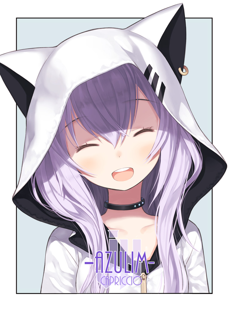 1girl :d animal_hood artist_name azuma_lim azuma_lim_channel capriccio character_name closed_eyes collar collarbone eyebrows_visible_through_hair facing_viewer hair_between_eyes head_tilt hood hoodie lavender_hair long_hair open_mouth smile solo