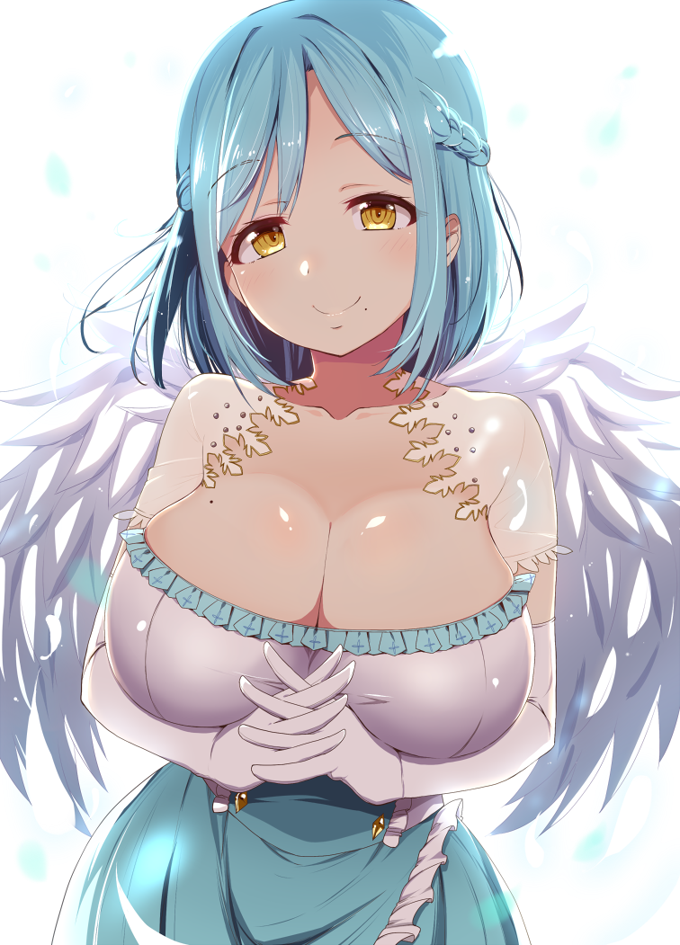 1girl angel_wings blue_hair blush braid breasts cleavage collarbone commentary_request eyebrows_visible_through_hair interlocked_fingers large_breasts looking_at_viewer moira_(nijisanji) mole mole_on_breast mole_under_eye natsumi_akira nijisanji simple_background smile solo upper_body virtual_youtuber white_background wings yellow_eyes
