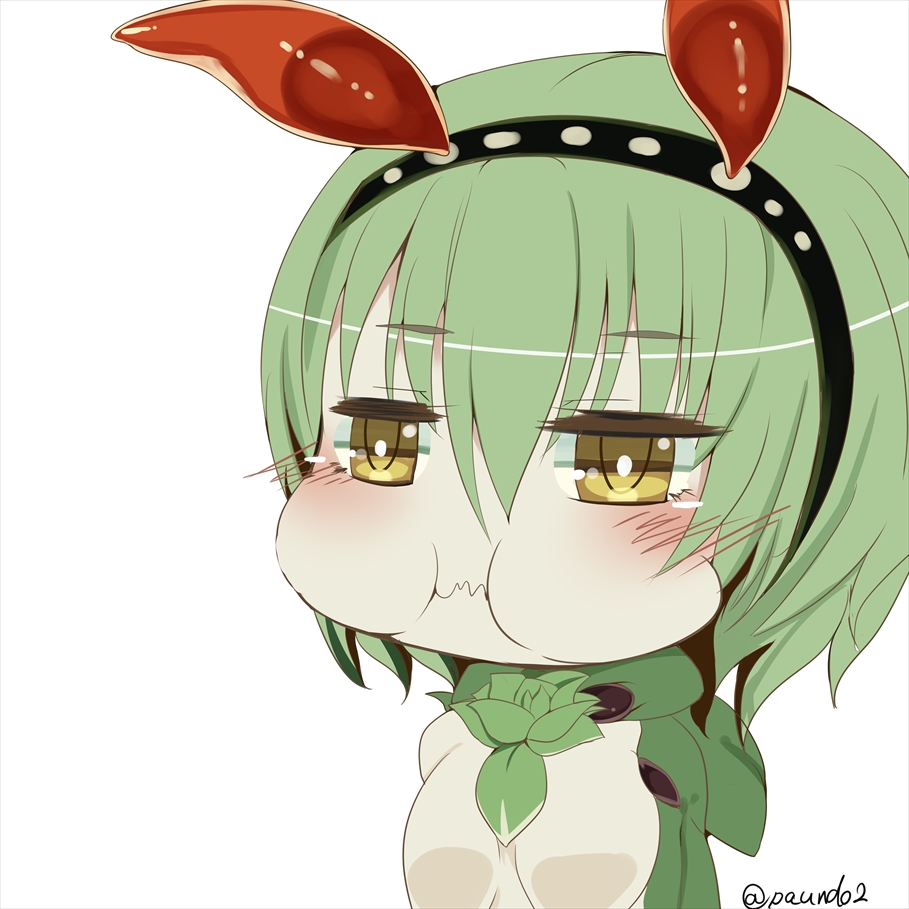 1girl bangs blush bright_pupils chewing closed_mouth green_hair green_sclera greenworm_(monster_girl_encyclopedia) hair_between_eyes hairband horns jitome leaf monster_girl monster_girl_encyclopedia multicolored_sclera paundo2 puffed_cheeks short_hair simple_background smile solo twitter_username upper_body white_background yellow_eyes