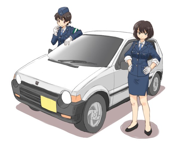 2girls alternate_costume alternate_eye_color bangs black_eyes black_footwear black_hair blue_hat blue_jacket blue_neckwear blue_skirt brown_eyes brown_hair car closed_mouth commentary_request cosplay_request dress_shirt flats garrison_cap girls_und_panzer gloves ground_vehicle hands_on_hips hat hoshino_(girls_und_panzer) jacket leaning_on_object looking_at_viewer miniskirt motor_vehicle multiple_girls nakajima_(girls_und_panzer) necktie pencil_skirt police police_uniform policewoman shadow shirt short_hair simple_background skirt sleeves_rolled_up smile standing uniform uona_telepin vehicle_request white_background white_gloves white_shirt wing_collar