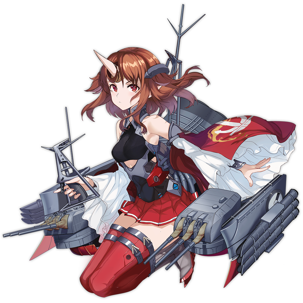 1girl anchor_print azur_lane bare_shoulders breasts bright_pupils brown_hair closed_mouth detached_sleeves fingernails frown horn index_finger_raised machinery medium_breasts miniskirt mogami_(azur_lane) pleated_skirt pointy_ears realmbw red_eyes red_legwear red_skirt short_hair skirt solo tachi-e thigh-highs torpedo torpedo_tubes turret white_pupils wide_sleeves zettai_ryouiki